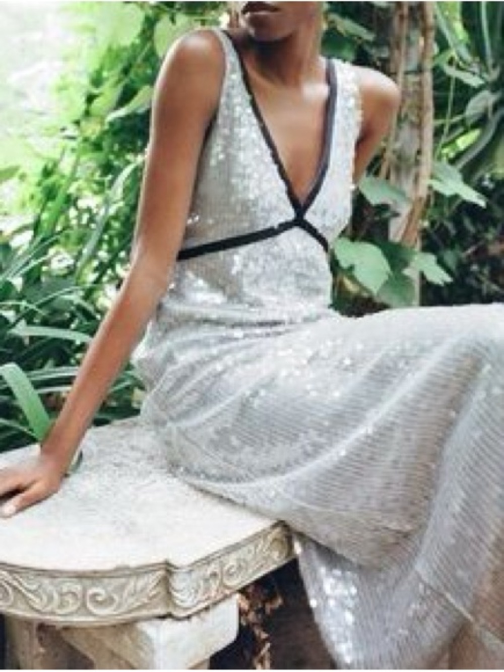 NWT Zara Silver Sequin Dress Black Trim V-Neck Slip Lingerie Inspired Glam Night